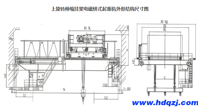 上旋轉(zhuǎn)伸縮掛梁電磁橋式起重機